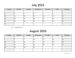 July and August 2033 Calendar