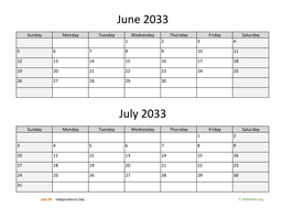 June and July 2033 Calendar