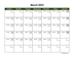 March 2033 Calendar with Day Numbers