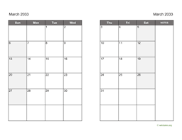 March 2033 Calendar on two pages