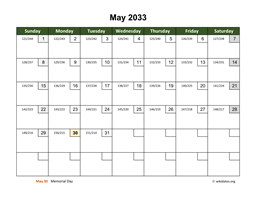 May 2033 Calendar with Day Numbers