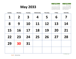 May 2033 Calendar with Extra-large Dates