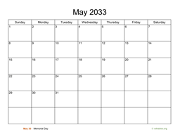 Basic Calendar for May 2033