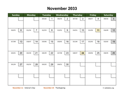November 2033 Calendar with Day Numbers