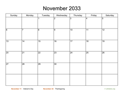 Basic Calendar for November 2033