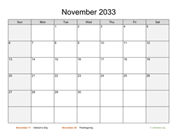 November 2033 Calendar with Weekend Shaded