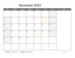 November 2033 Calendar with Notes