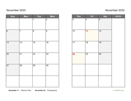 November 2033 Calendar on two pages