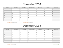 November and December 2033 Calendar