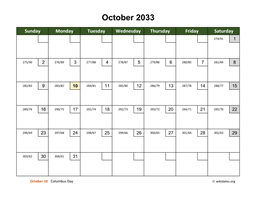 October 2033 Calendar with Day Numbers
