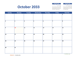 October 2033 Calendar Classic