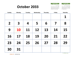 October 2033 Calendar with Extra-large Dates