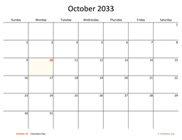 October 2033 Calendar with Bigger boxes