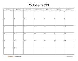 Basic Calendar for October 2033