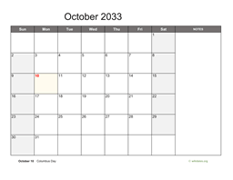 October 2033 Calendar with Notes
