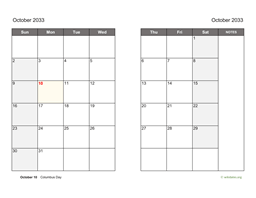 October 2033 Calendar on two pages