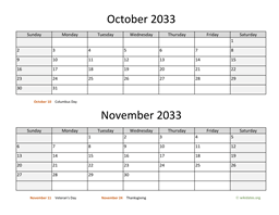 October and November 2033 Calendar