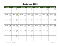 September 2033 Calendar with Day Numbers