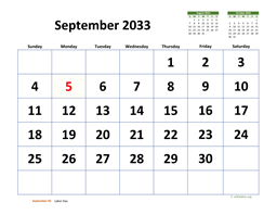 September 2033 Calendar with Extra-large Dates