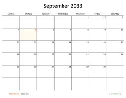 September 2033 Calendar with Bigger boxes