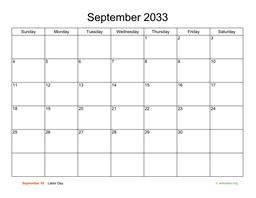 Basic Calendar for September 2033