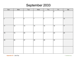 September 2033 Calendar with Weekend Shaded