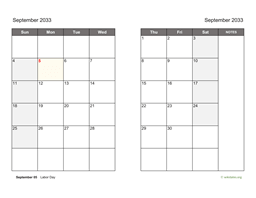 September 2033 Calendar on two pages