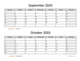 September and October 2033 Calendar
