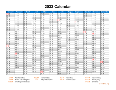 2033 Calendar Horizontal, One Page