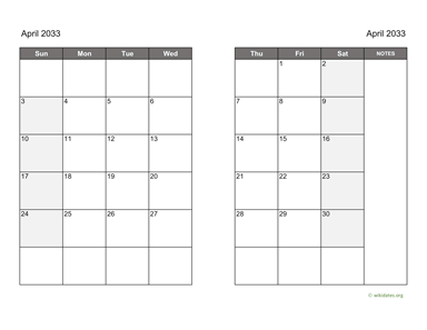 April 2033 Calendar on two pages