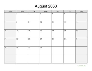 August 2033 Calendar with Weekend Shaded