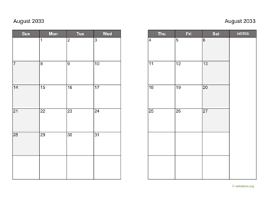 August 2033 Calendar on two pages