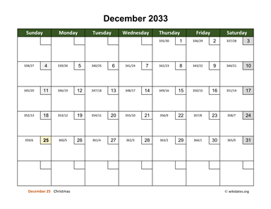 December 2033 Calendar with Day Numbers