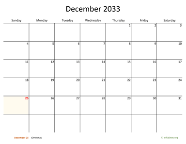 December 2033 Calendar with Bigger boxes