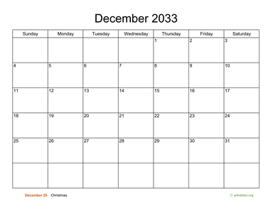Basic Calendar for December 2033