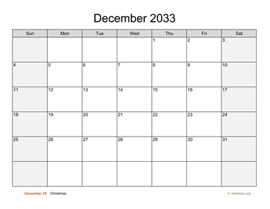 December 2033 Calendar with Weekend Shaded
