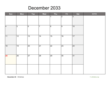 December 2033 Calendar with Notes