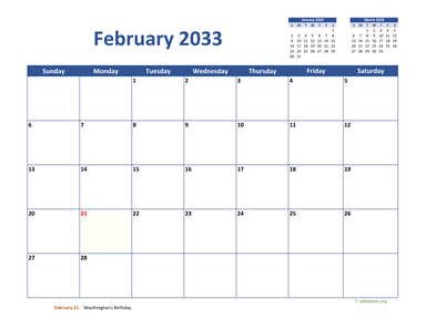 February 2033 Calendar Classic