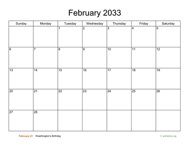 Basic Calendar for February 2033