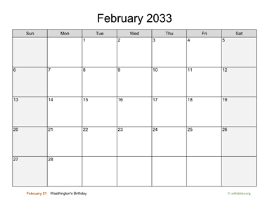 February 2033 Calendar with Weekend Shaded