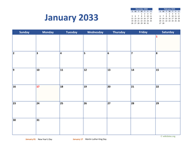 January 2033 Calendar Classic