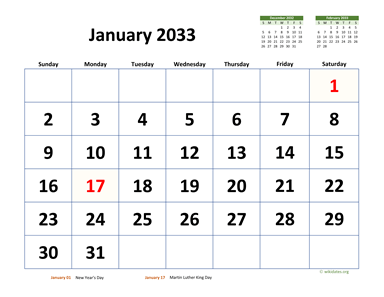 January 2033 Calendar with Extra-large Dates