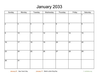 Basic Calendar for January 2033