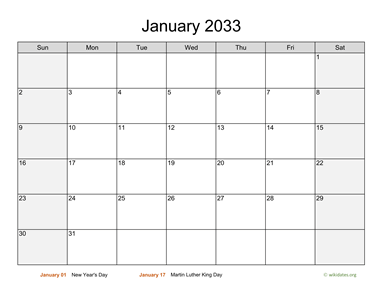 January 2033 Calendar with Weekend Shaded