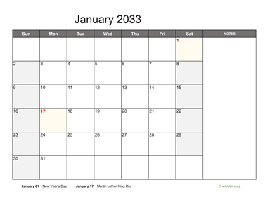 January 2033 Calendar with Notes
