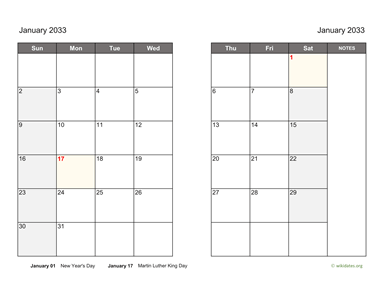 January 2033 Calendar on two pages