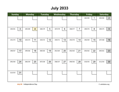 July 2033 Calendar with Day Numbers