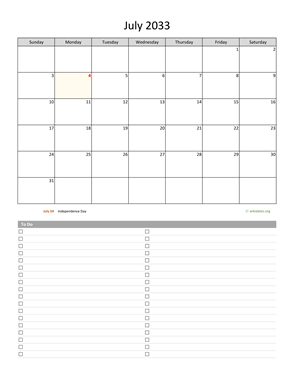 July 2033 Calendar with To-Do List