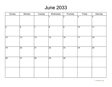 Basic Calendar for June 2033