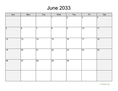 June 2033 Calendar with Weekend Shaded